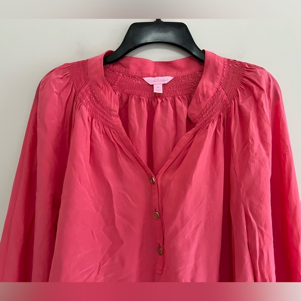 Lilly Pulitzer Elsa 100% Silk Long Sleeved Blouse Top in Parigi Pink, size M - Picture 4 of 10